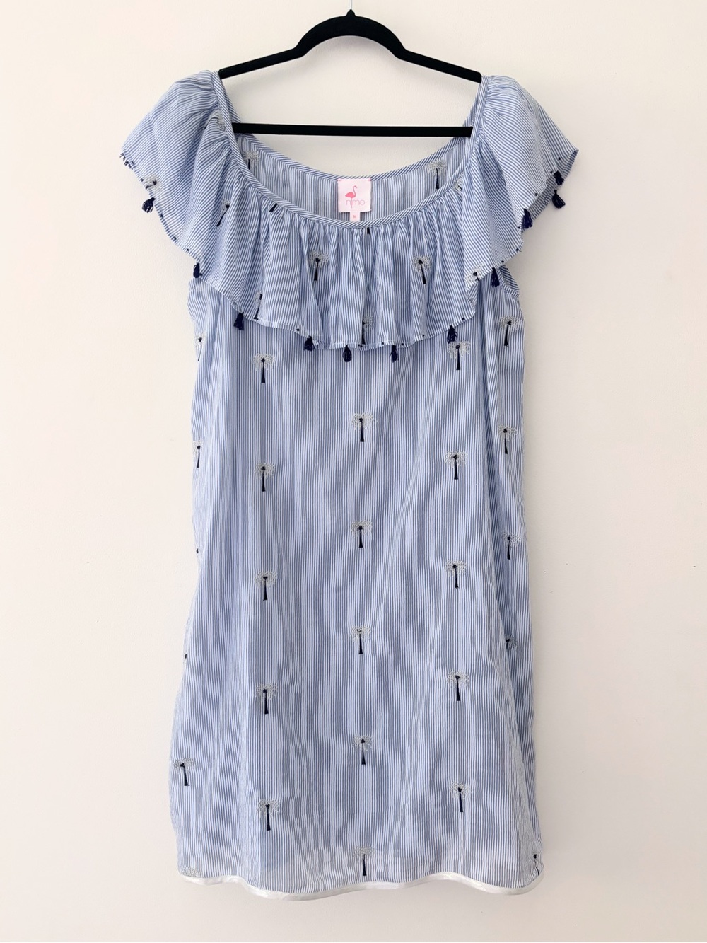 Nimo With Love ruffle off shoulder dress blue white stripe Tuckernuck Large